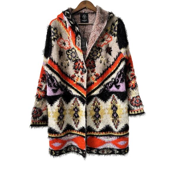 Vertigo Paris Sweaters - VERTIGO PARIS Large Womens Sweater Boho Hoodie Cardigan Cozy Aztec Black Orange